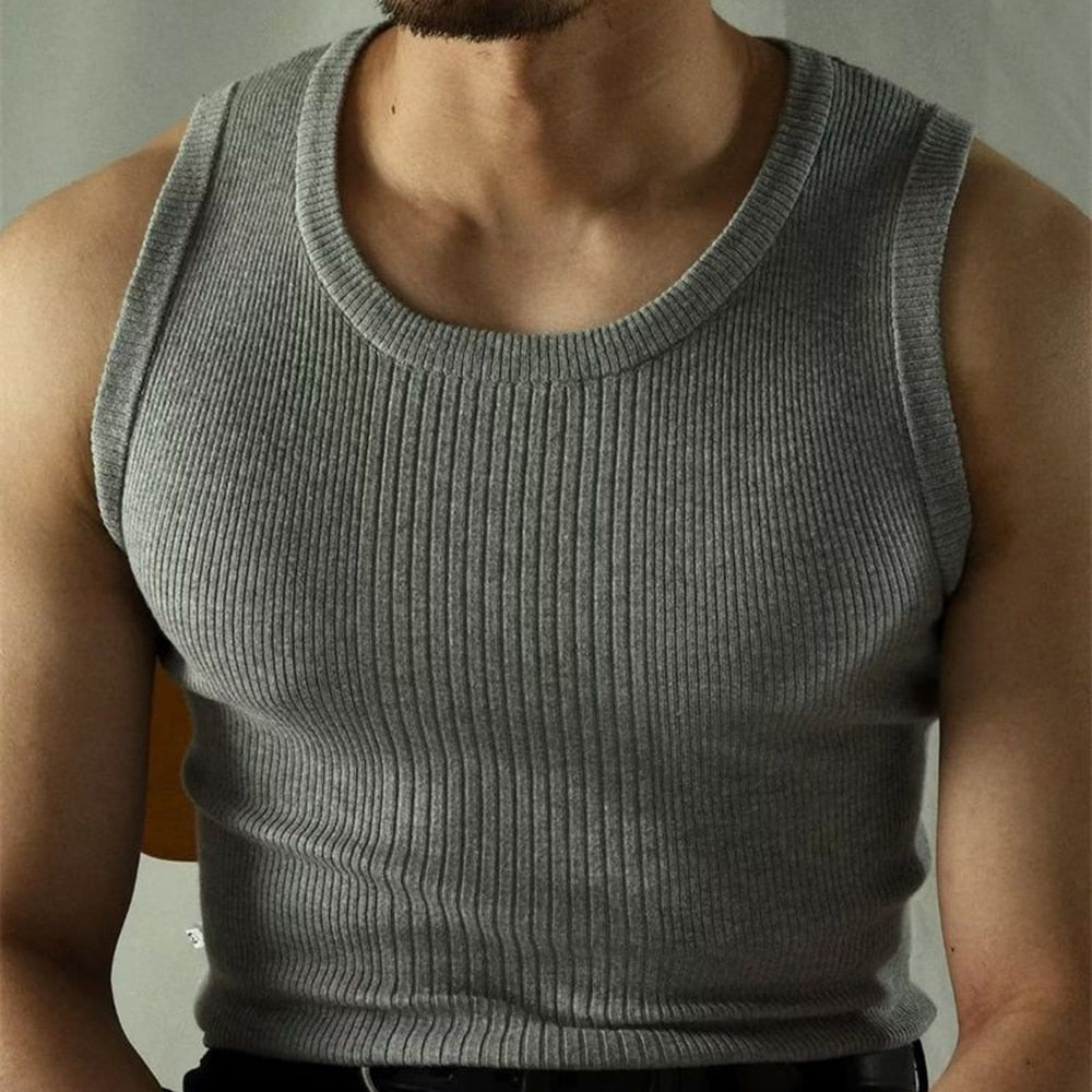 Man Streetwear Casual Solid Knitted Vest Sports Gym Bottoming Shirt Summer Ribbed Tank Top Male Slim Crew Neck Sleeveless Tees