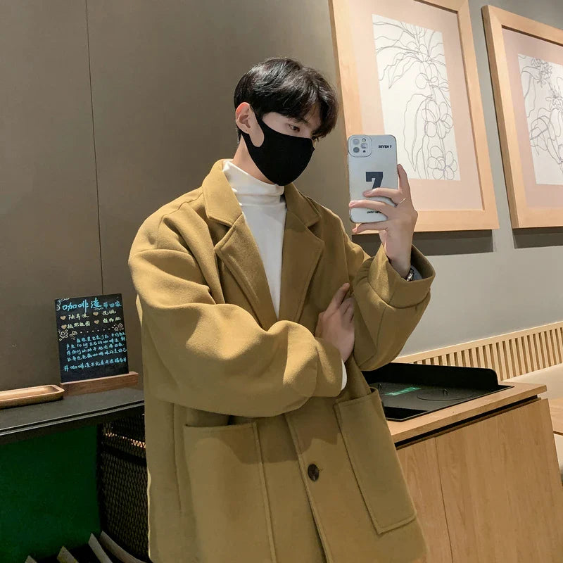 saferido Khaki Japanese Streetwear Winter Jacket Overcoat Windbreaker Wool Blends Coat Big Pockets Korean Fashion Trench Coat