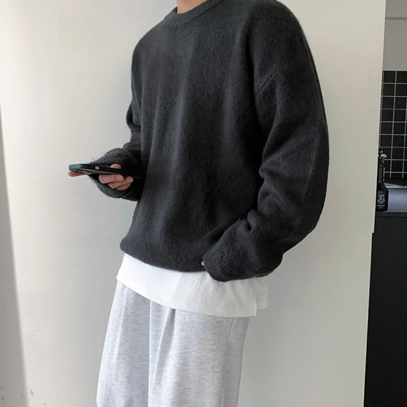 Winter Round Collar Mohair Solid Color Sweater Loose Korean Style Vintage Kintted Sweater Pullover Men Clothing