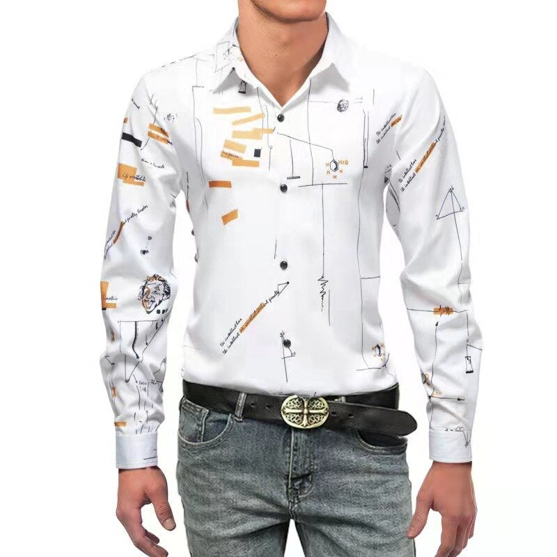 Fashion Print Luxury Long Sleeve Shirt Man Button Up For Men Clothing Business Casual Social Dress Slim Shirts Male Blouse