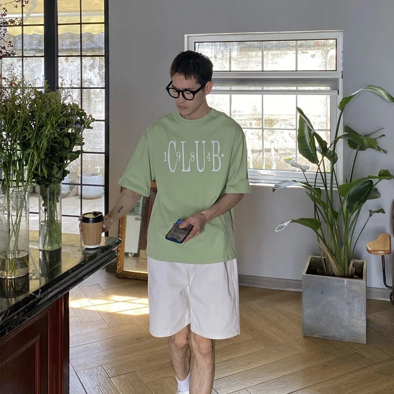 saferido Summer Men's Korean Style Casual Printed T-shirts Short Sleeve Round Neck T Shirts Green/white Color Top Clothes Tshirts