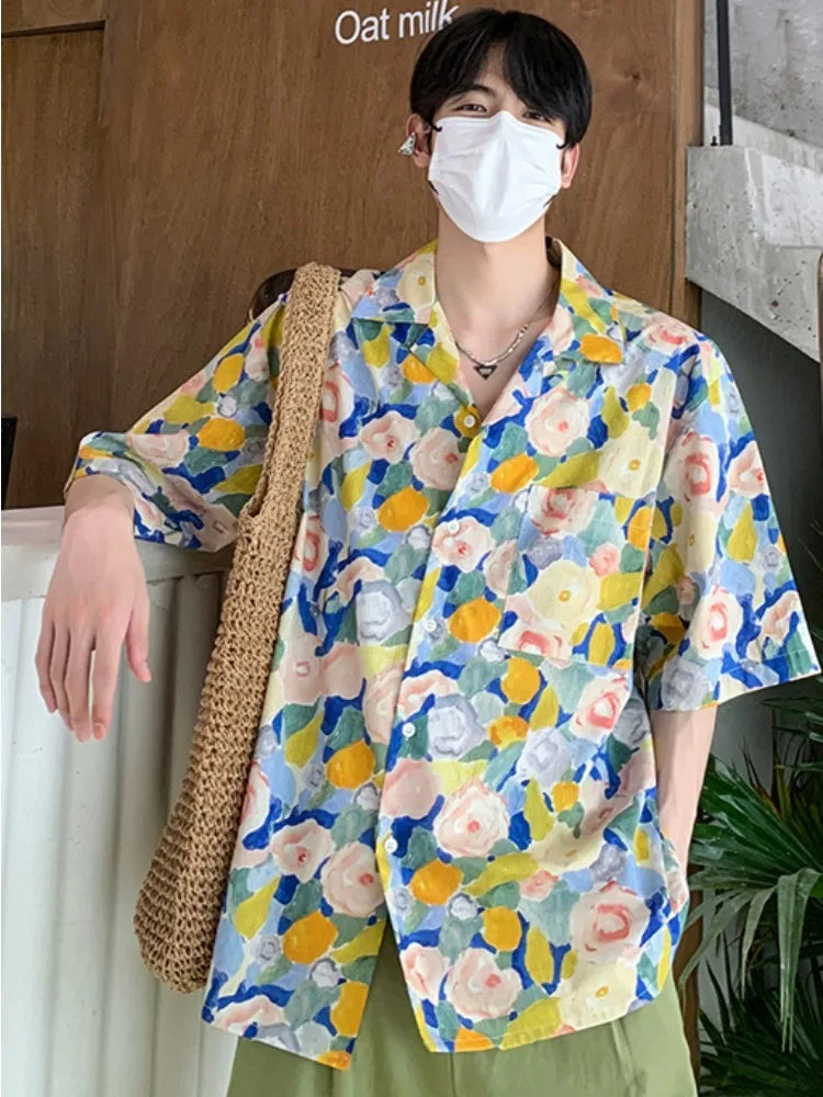 saferido Summer Shirts Men Painting Ins Chic Advanced Breathable Casual Short Sleeve High Street Korean Beach Style Loose Cozy Vocation