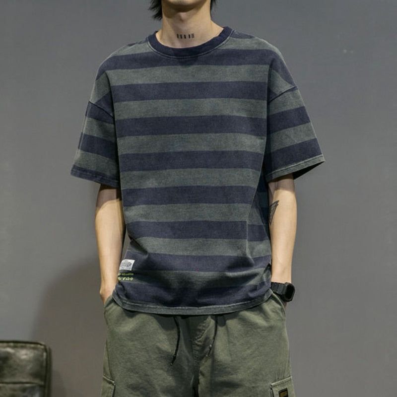 Men's Clothing Round Neck Short Sleeve Korean Version Youth Trend Striped Printed Fashion Casual Cotton Loose T-shirt