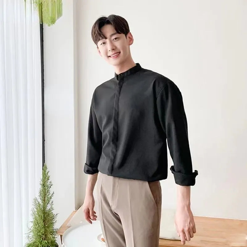 New Silk Senior Sexy Dark Blue Shirt for Men Solid Color Long Sleeve Stand-up Collar Loose Business Casual Iron-free Shirt