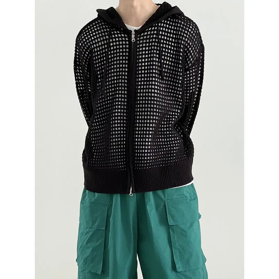 Autumn Niche Hollow Knitted Sweater Men Cardigan Hooded Zipper Long-sleeved Korean Style Trendy Design Sweater Men Cardigan Coat