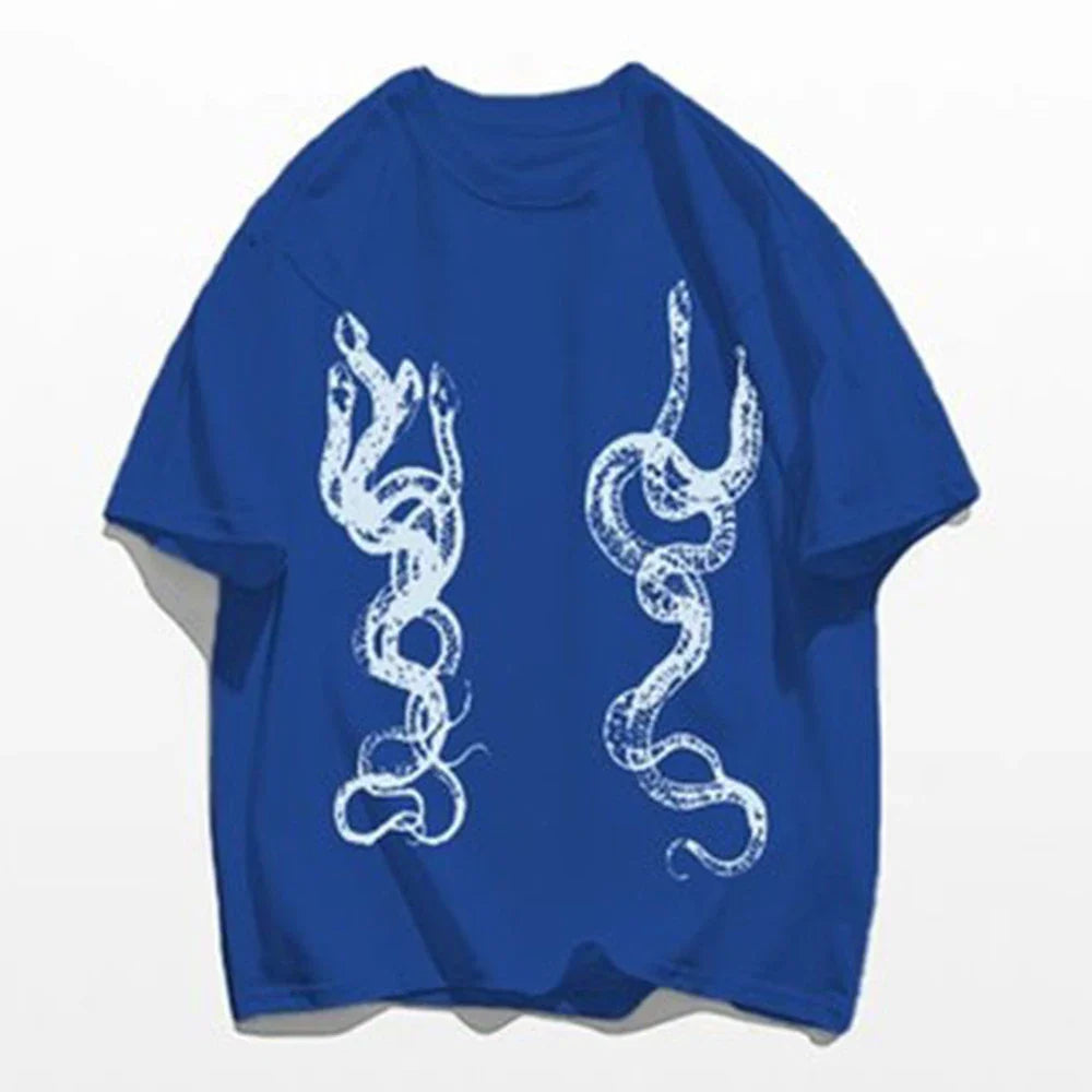 saferido Men's Casual T-Shirt Fashionable Trendy Hip-Hop High Street Y2k Retro Snake Pattern Loose Cotton Top 2024 Spring And Summer