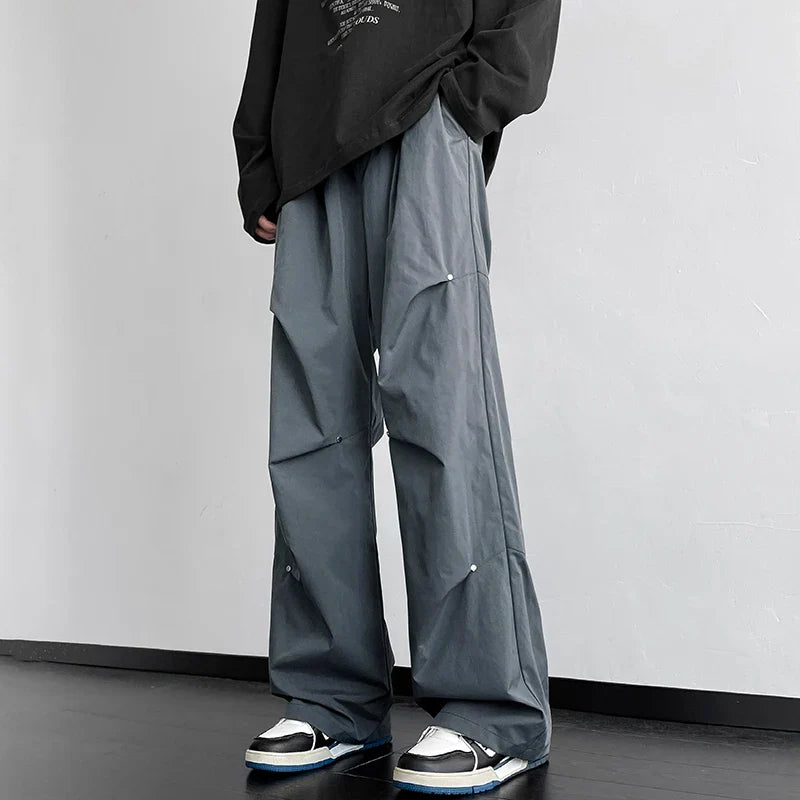 Spring Straight Casual Pants For Men Wide Leg Solid Color Cargo Pants Elastic Waist Harajuku Men's Pants