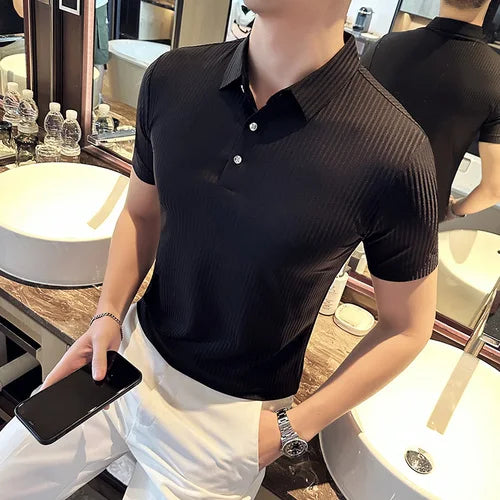 saferido Korean Style Men's Summer High Quality Elastic Force Ice Silk Polo Shirts/Male Slim Fit Stripe Casual Polo Shirts 4XL