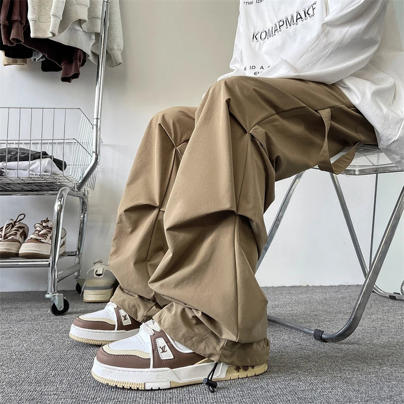 saferido Plus Size 5XL-M High Street Pleated Overalls Men's Fashion Loose Straight Casual Pants Male Solid Color Trousers Spring New