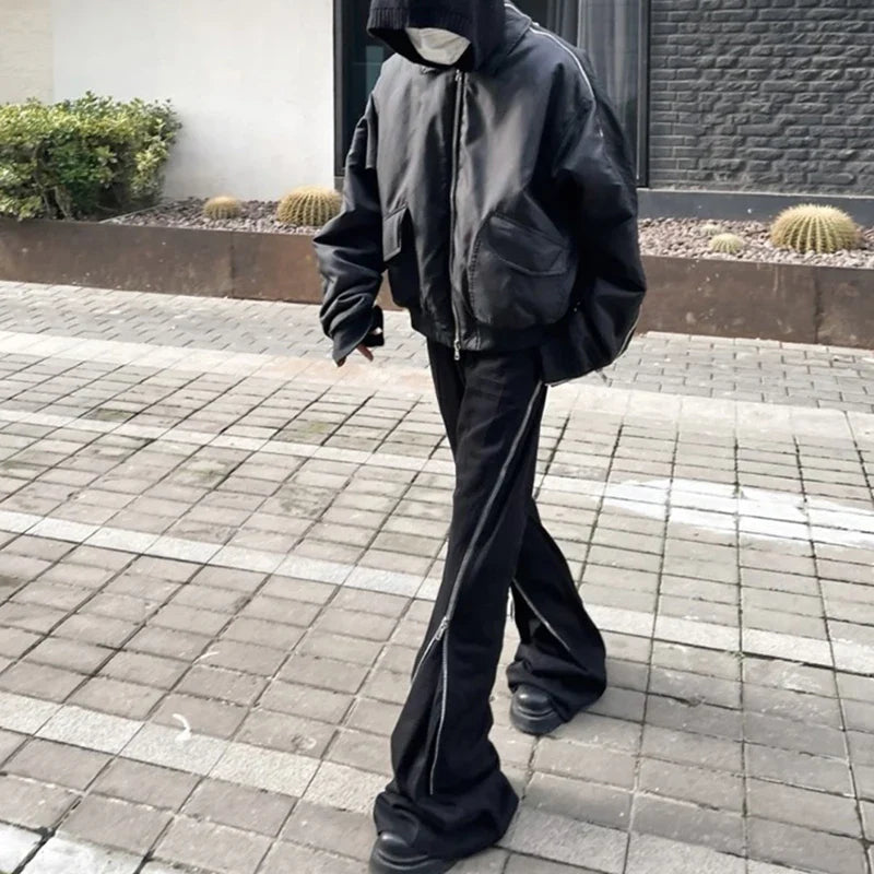 saferido Harajuku Sashes Zipper Decorate Vibe Style Black Cargo Pants for Men High Street Straight Casual Baggy Oversized Unisex Trousers