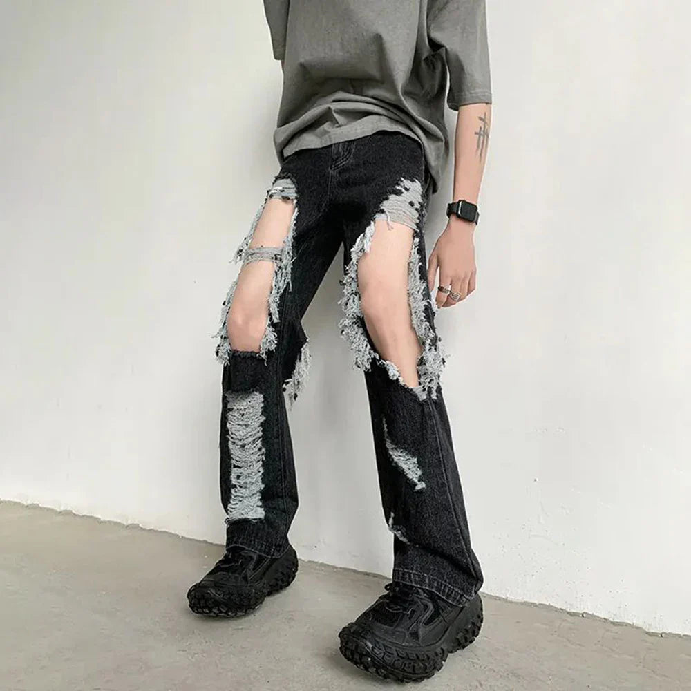 saferido Y2K Unisex Perforated Jeans Mens Summer Korean 2024 Slim Design Straight Wide Leg Denim Pants LGBT Man Sexy Ripped Fringed Jeans