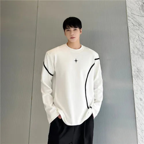 saferido harajuku Spring Autumn Men Clothing Long Sleeve Embroidery Shoulder Pad T-shirt Round Collar Casual T Shirts Tops For Male