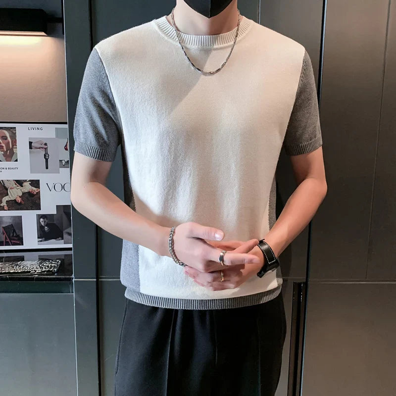 saferido Spring Autumn Men Cashmere Short Sleeve Sweaters Male Casual O-Neck Solid Color Chic Knitted Pullovers Tops 3XL-M