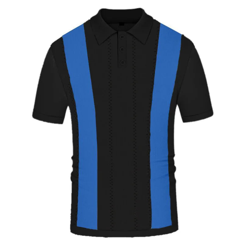 Men's Summer Casual Stripe Shirts Knitted Vintage British Breathable Patchwork Short Sleeve Jacquard Business Polo Shirt