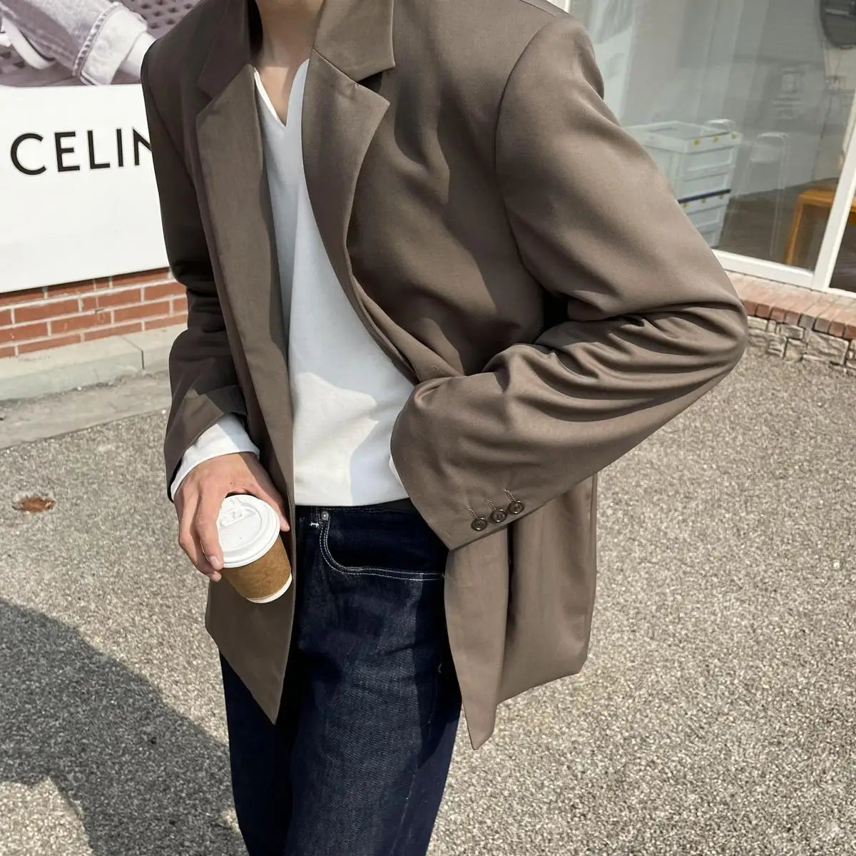 Autumn 100% Cotton V-neck Long Sleeve T-shirts Men Ins Korean Casual Solid Color Tops High-end Design Loose Bottoming Shirt Men