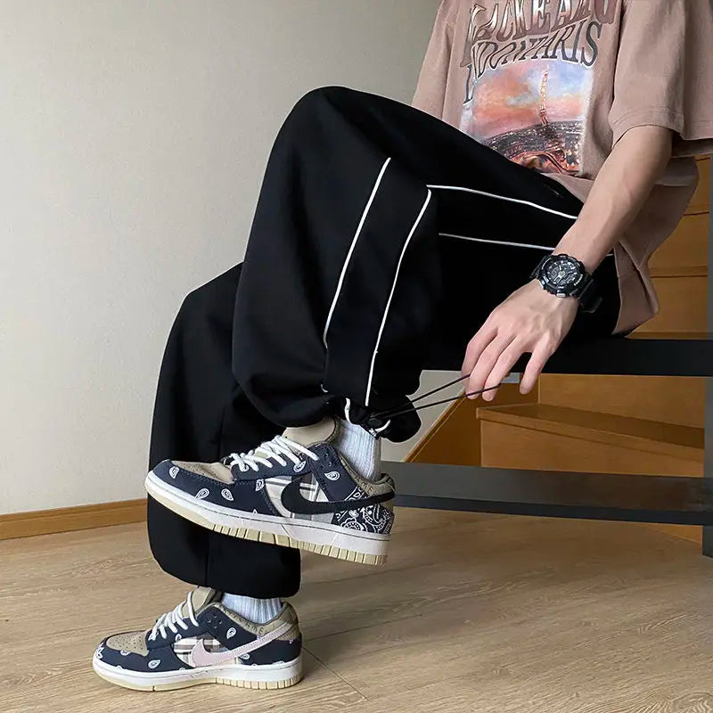 saferido American Hip-hop Loose Sports Pants Men's Autumn Solid Patchwork Elastic Waist Drawstring Pocket Side Striped Straight Trouser