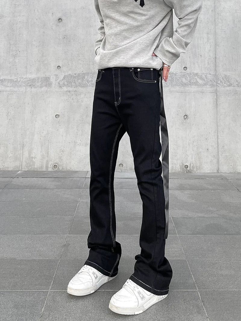 Jeans Men Vintage Ribbons Spring Autumn American Trendy Minimalist 90s Hip Hop Daily Flare Trousers Tender Boyfriends Style New