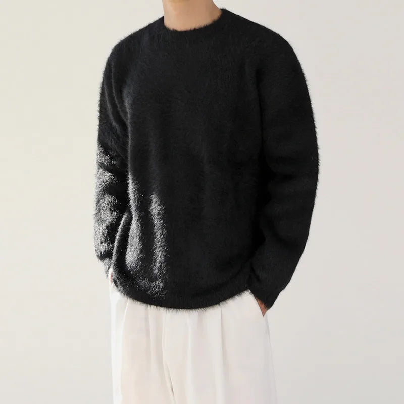Autumn Winter Round Collar Mohair Sweater Loose Korean Style Vintage Kintted Sweater Pullover Men Clothing