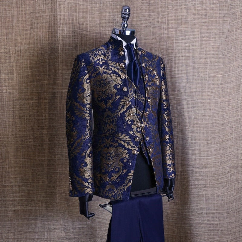 Floral Jacquard Wedding Suits for Men with Stand Collar Double Breasted Navy Blue Formal Groom Tuxedo Jacket Vest Pants 3 Piece