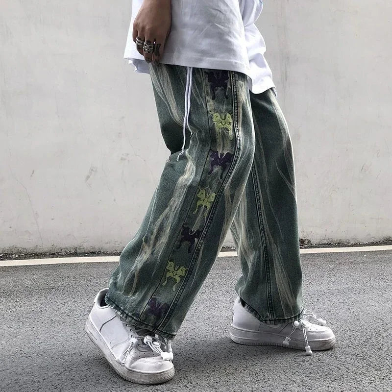 saferido Trousers Hip Hop Straight Men's Jeans Tie Dye Graphic Man Cowboy Pants Y2k Streetwear Baggy 2024 Korean Autumn Harajuku Summer
