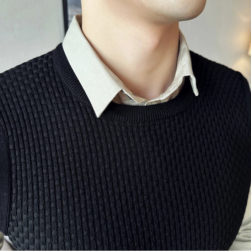 saferido Men's Spring and Autumn Top Knitted Sweater Pullover Fake Two Piece Turn-down Collar Slim Fit Multi Style Men's Casual Sweater