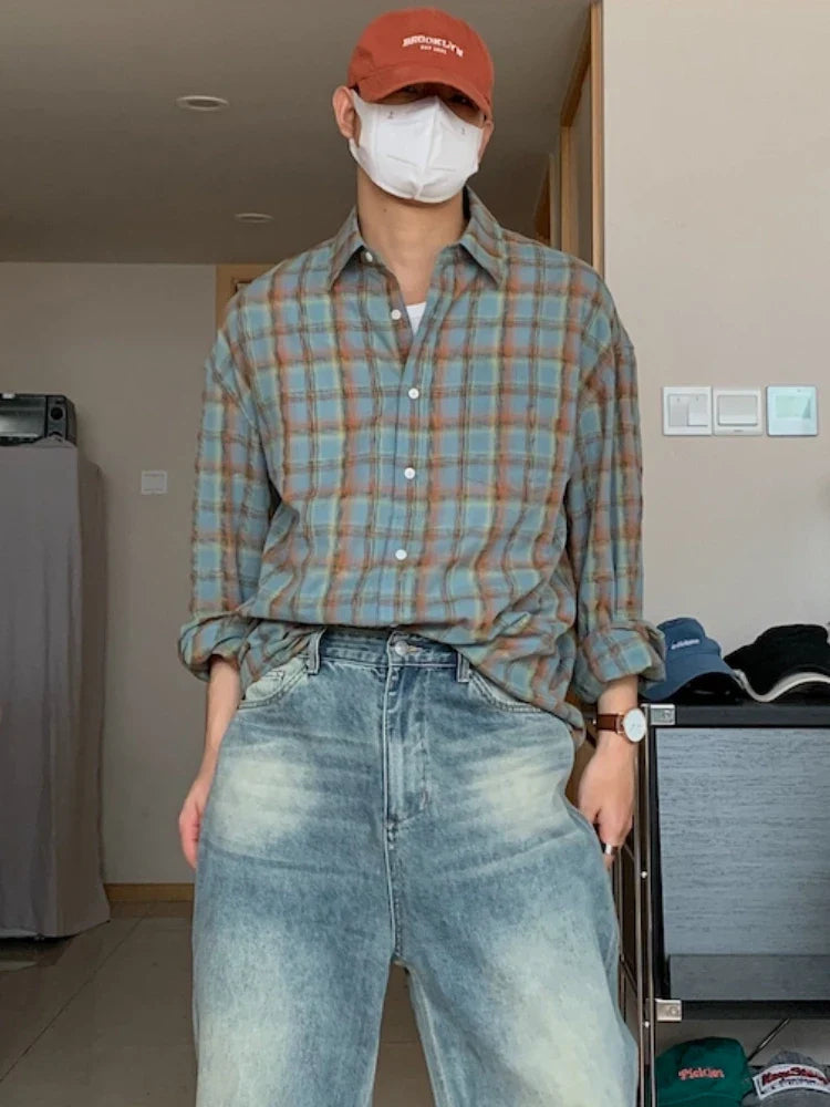 Casual Shirts Men Loose Long Sleeve Handsome Spring Autumn Daily Plaid Streetwear Fashion Korean Style Unisex Turn-down Collar
