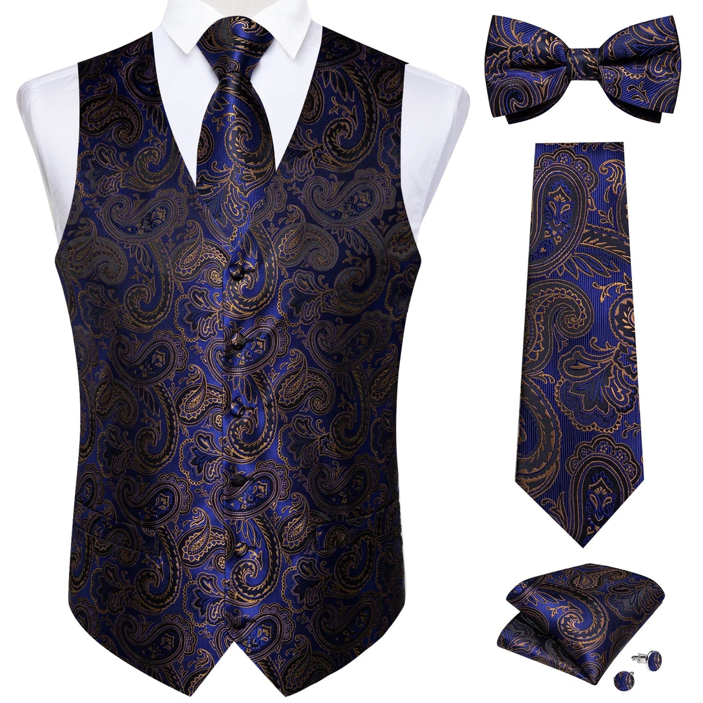 Men Black Paisley Vest Necktie Bowtie Pocket Square Cufflinks Dress Set Classic 5 PCS Business Waistcoat for Man
