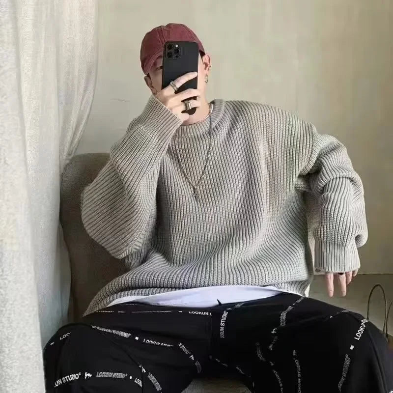 Solid Striped Sweater for Men Autumn Winter Casual O-neck Long Sleeve Pullovers Male Vintage All-match Knitted Jumpers Chic Tops