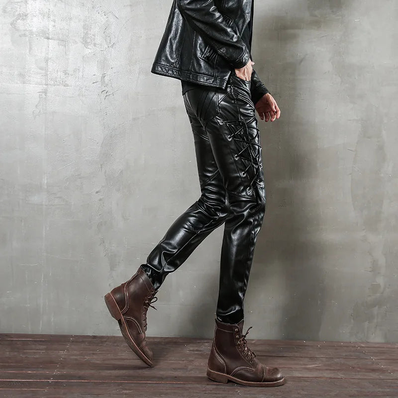 saferido 2024 PU leather men's black leather rope plus velvet leather pants punk style men's motorcycle pants slim fit personality simple