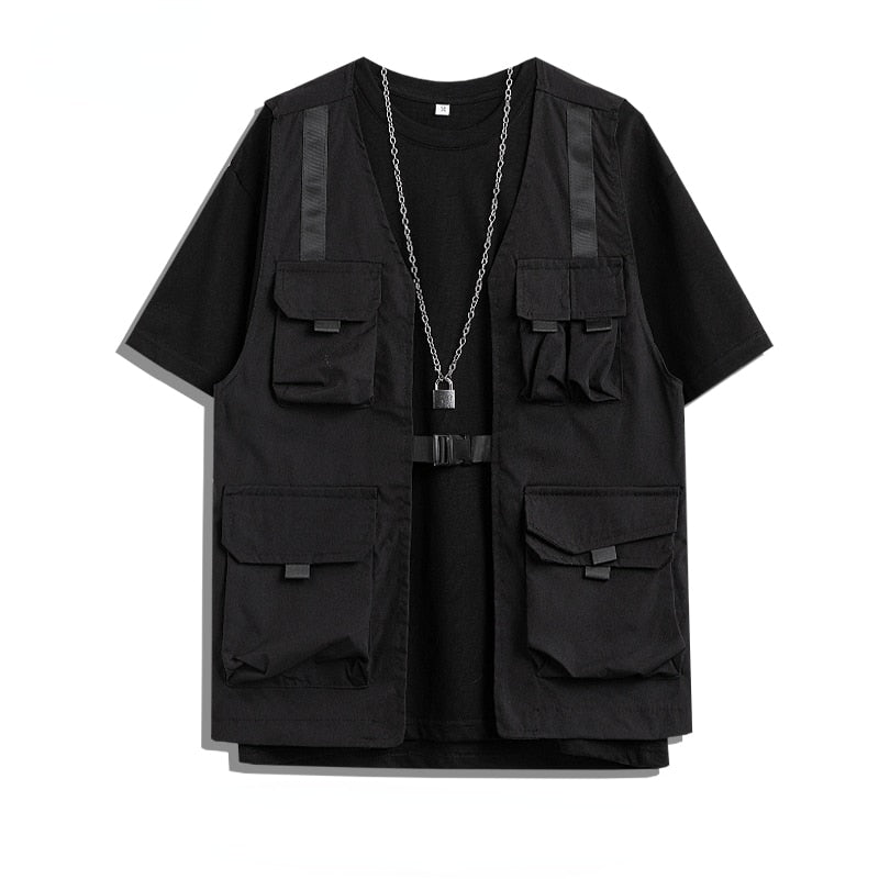 Men's Shorts Set Tank Top Men Cargo Punk Rave Vest Male Shirt Streetwear Hip Hop Hippie Men Clothing Pockets