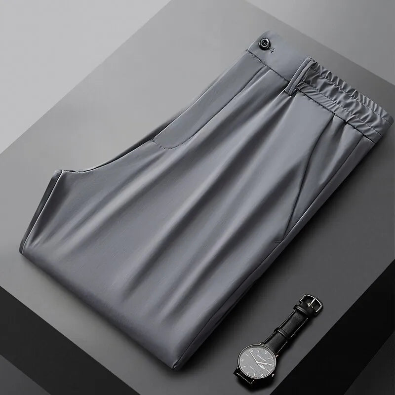 Summer Casual Pants Men Thin Business Stretch Slim Elastic Waist Jogger Korean Classic Thin Black Gray Blue Trousers Male