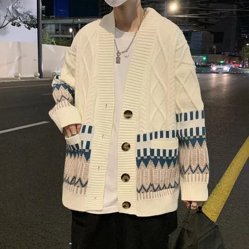 Colorful Cardigan Men Fashion British Style Traditional All-match Comfortable Baggy Twisted Knitwear Chic Advanced Long Sleeve