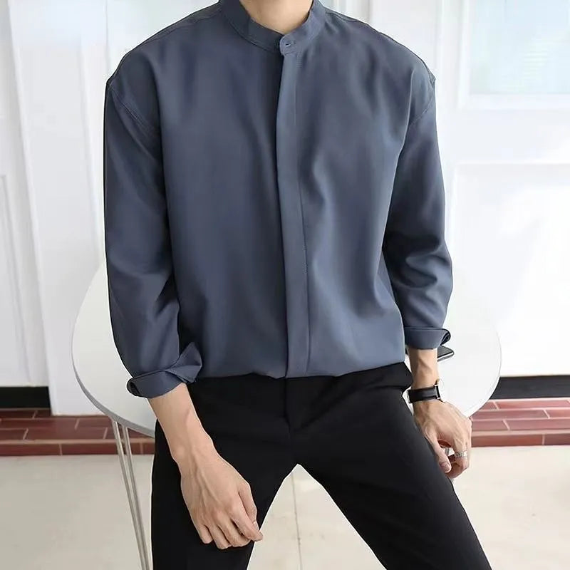 New Silk Senior Sexy Dark Blue Shirt for Men Solid Color Long Sleeve Stand-up Collar Loose Business Casual Iron-free Shirt