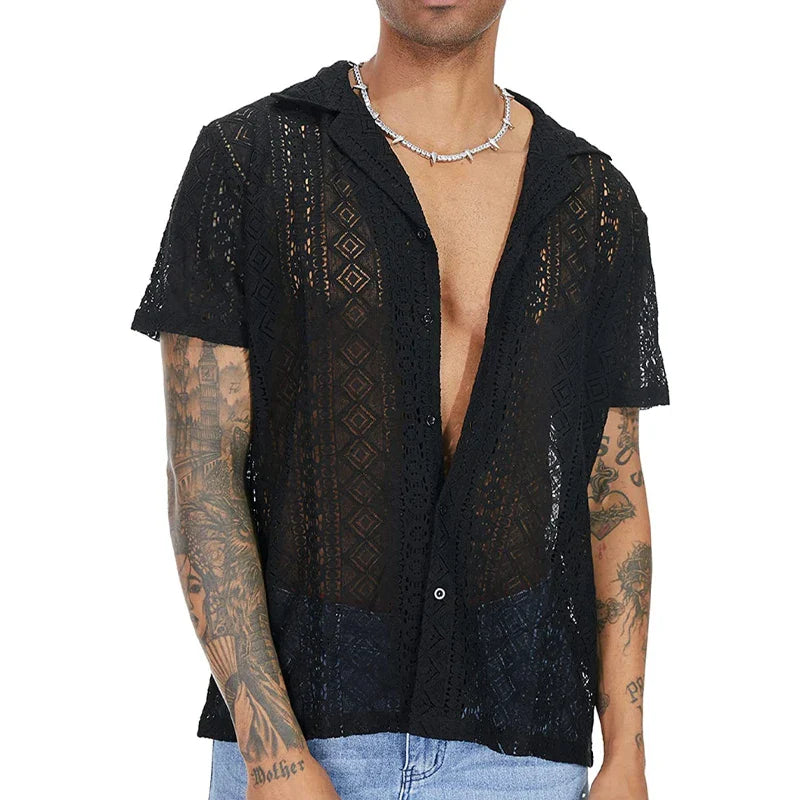 Men's Short-Sleeve Hollow-Out Lace Shirt Single Breasted Lapel Perspective Shirt Top