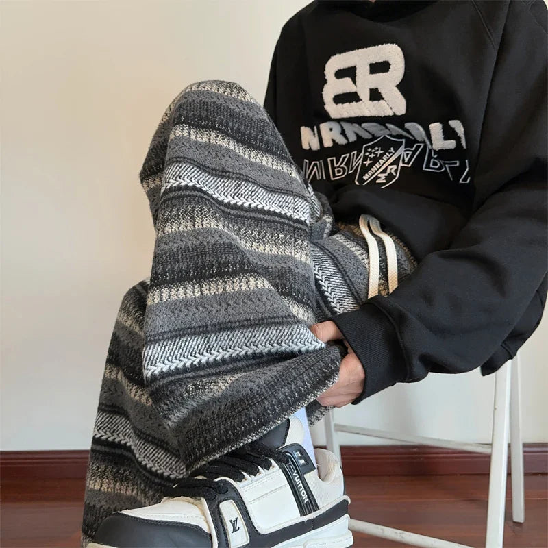 saferido Harajuku Vintage Striped Black/Coffee Wide Leg Pants Men Women Autumn Winter Fashion Casual Straight Pants Loose Mopping Pants
