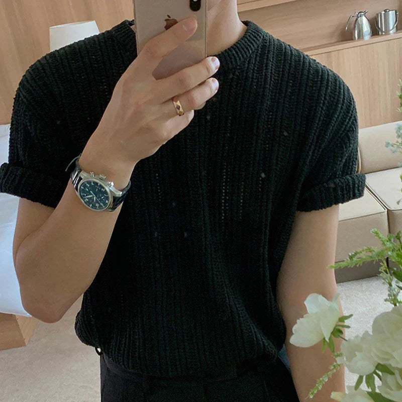 Men's Clothing Light Luxury Hollow Out O Neck Knit T Shirt Leisure Solid Color Short Sleeve Korean Popular Retro Knitwear M-2XL