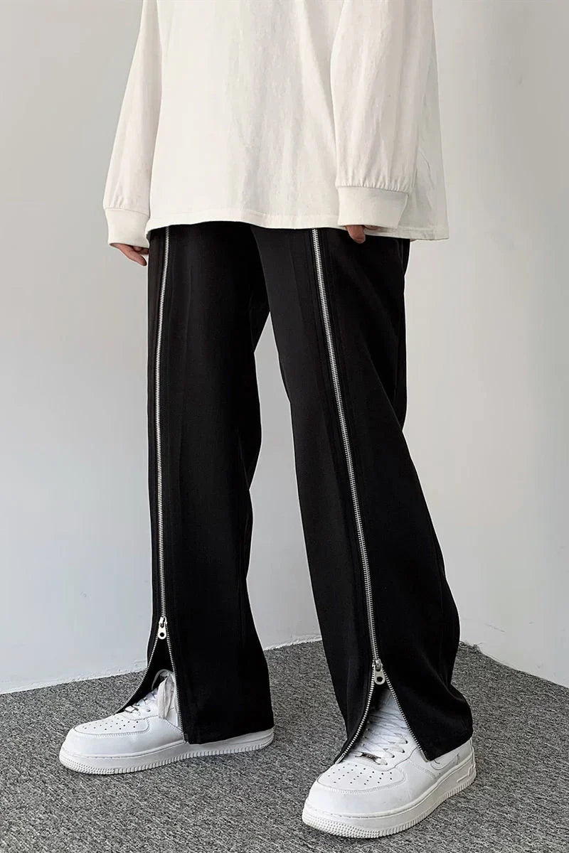 saferido Zipper Black Pants Men's Loose Drape Straight Wide-leg Trousers Fashion Spring Summer Solid Color Casual All-match Casual Pants