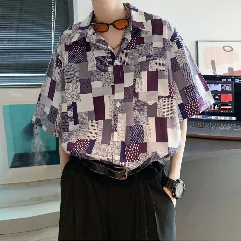 saferido Korean Mens Vintage Short Sleeve Dress Shirt Trend Couple Hawaiian Loose Print Blouses Shirts 2024 Summer Designer Men Clothing
