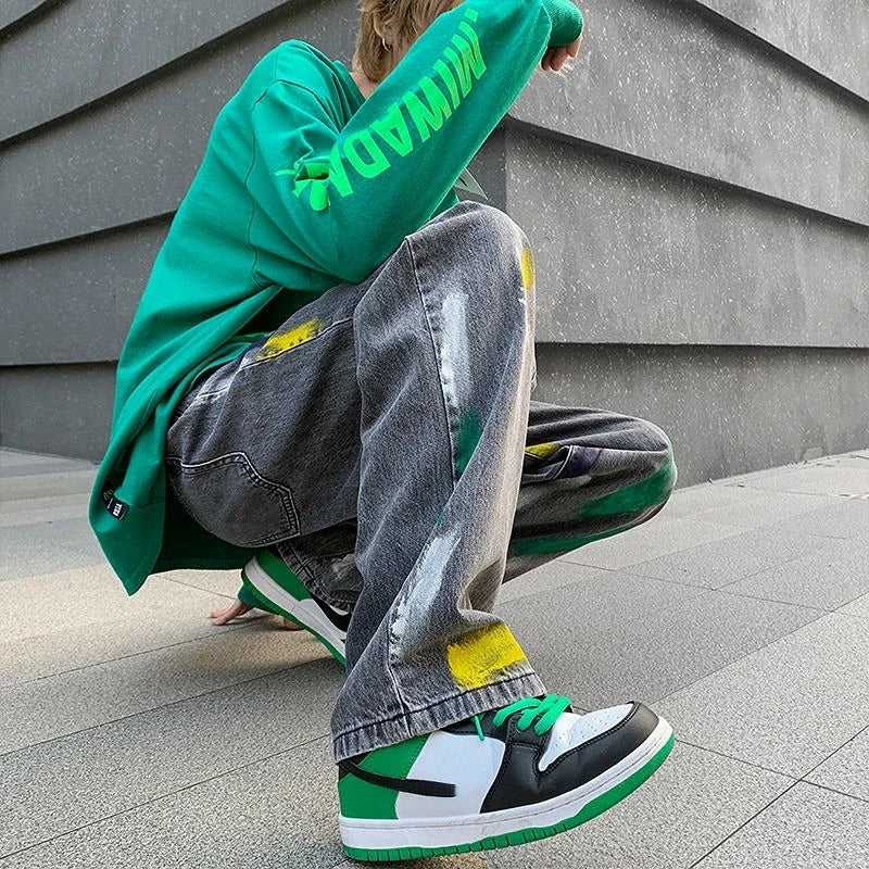 saferido Men's Jeans Painted Y2k Streetwear Trousers Harajuku Man Cowboy Pants Straight Tie Dye Hip Hop Y2k Vintage Stacked Cotton