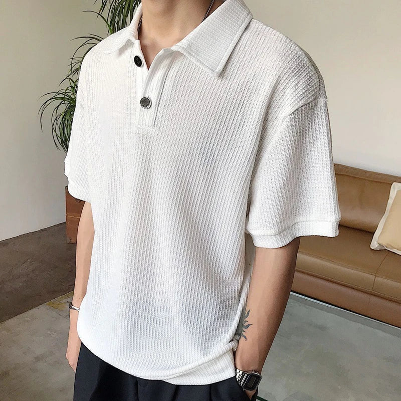 Korean Fashion Simple Short Sleeve Waffle Polo Shirt Men Advanced Texture Good Quality Lapel Loose Casual Solid Color Trend Top