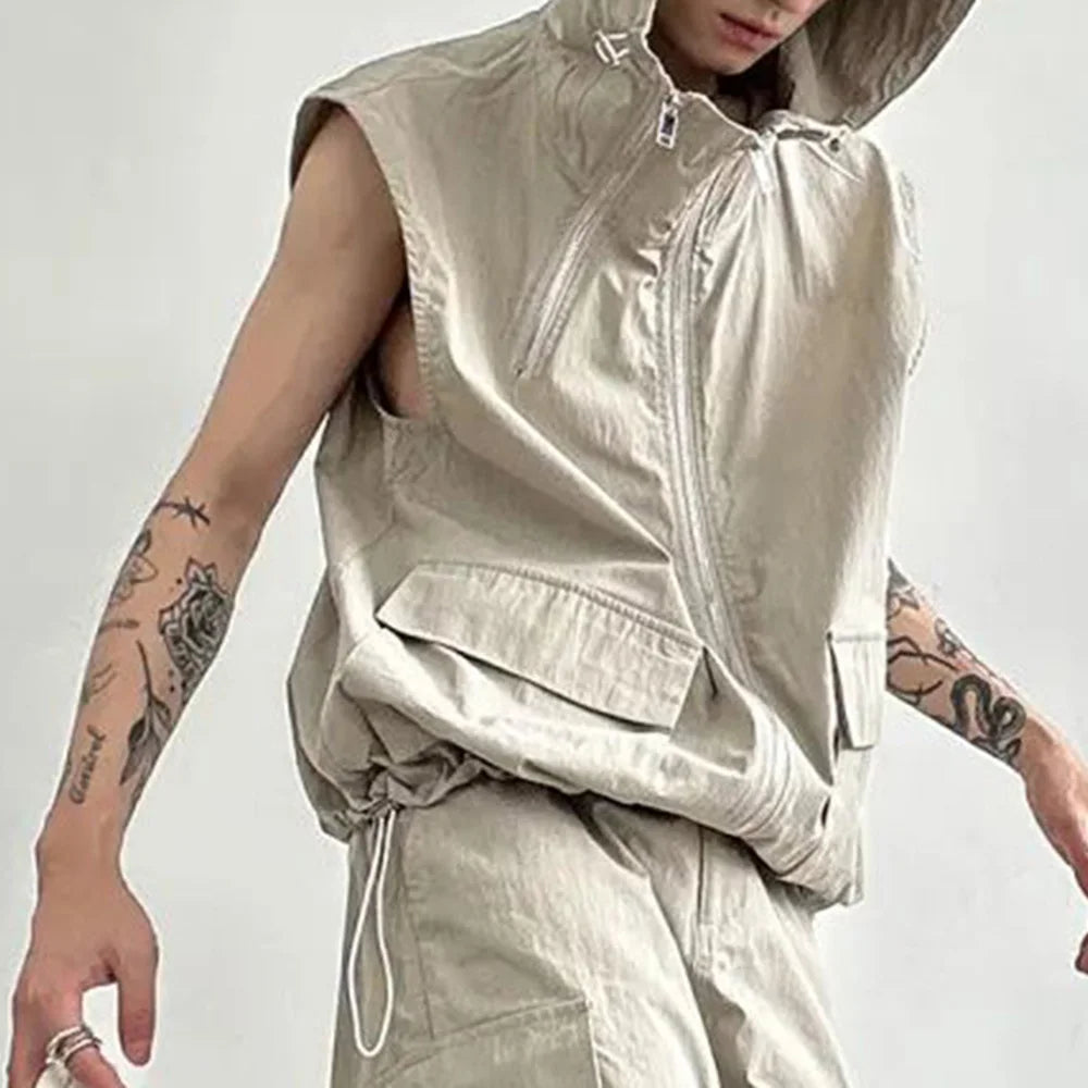 saferido Men Cargo Vest Hooded Summer Japanese Zipper Design Sleeveless Tops Male Korean Streetwear Hip Hop Unisex Plus Size Waistcoat