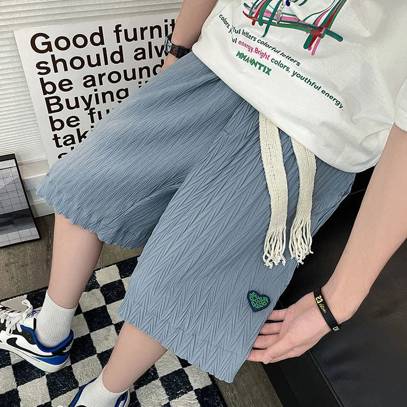 saferido Loose Beach Shorts Thin Summer Sports Straight Wide-leg Casual Pants Oversize Green Label Solid Pleated Five-point Pants Men