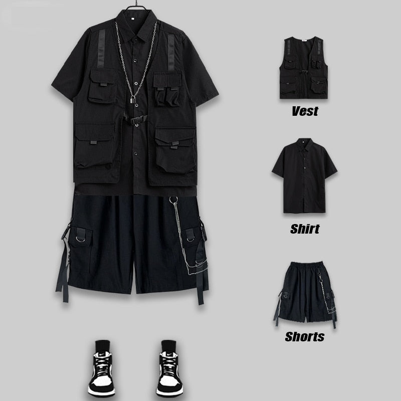 Men's Shorts Set Tank Top Men Cargo Punk Rave Vest Male Shirt Streetwear Hip Hop Hippie Men Clothing Pockets