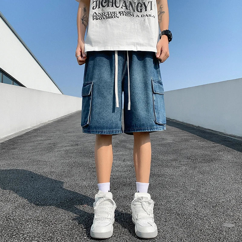 saferido Korean Summer Men's Wide Leg Denim Shorts New Fashion Loose Casual Elastic Waist Large Pocket Work Shorts Men's Brand Clothing