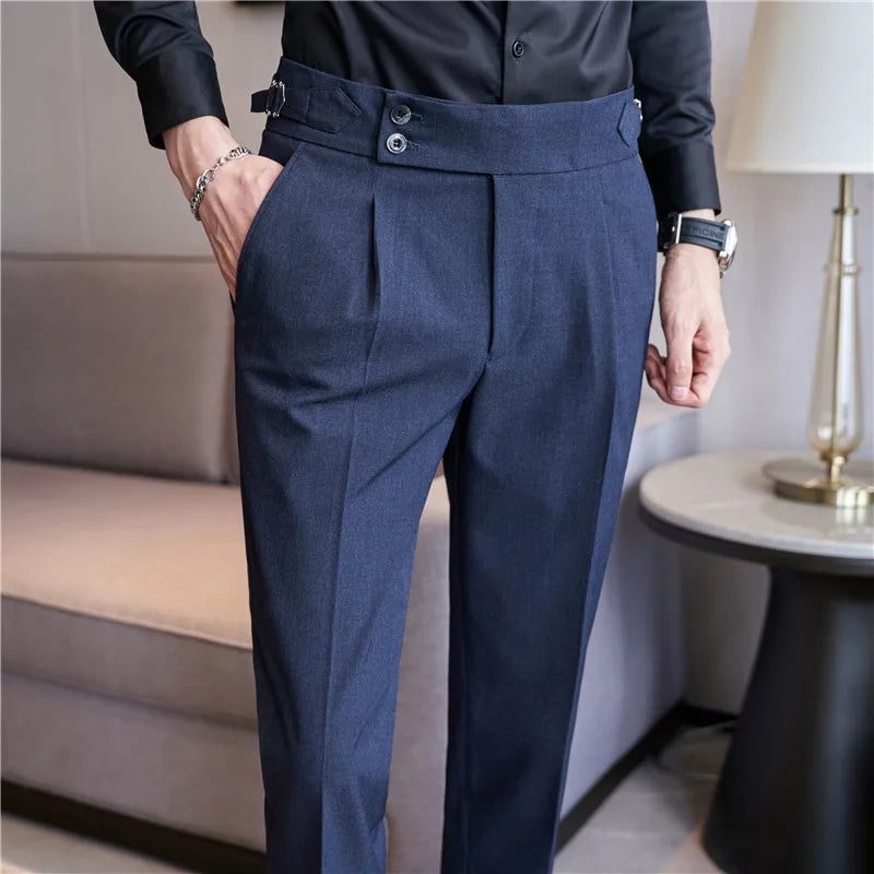 saferido British Style Men High Waist Casual Dress Pant Men Belt Design Pink Trousers Formal Office Social Wedding Party Dress Suit Pants