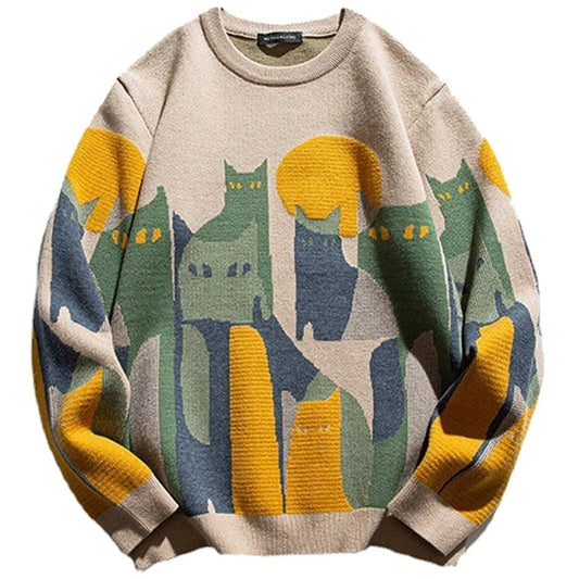 Autumn Harajuku Knitted Sweater Men Women Winter Cartoon Full Cat Print Pullover Vintage Causal Loose Sweaters Streetwear