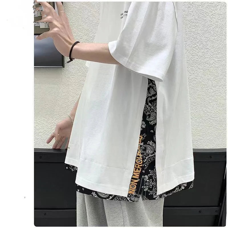 saferido Street Casual Fashion Loose Pullovers Patchwork T-Shirts Short Sleeve Man Spring Summer Thin Hooded Round Neck Men's Clothing
