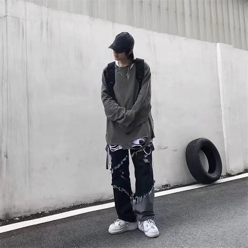 saferido Mens Jeans Pants With Hole Casual Vintage Straight Leg Korean Fashion Streetwear Harajuku Trousers
