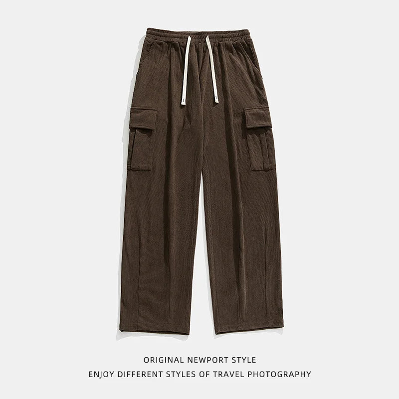 saferido Oversized Corduroy Pants Men Fashion Retro Pocket Cargo Pants Men Japanese Streetwear Hip-hop Loose Wide Leg Pants Mens Trousers Spring Autumn