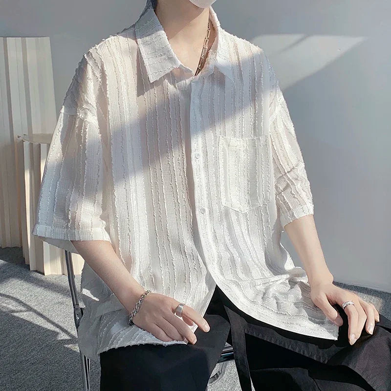 saferido Spring Summer Men's Solid Shirts Short Sleeve Harajuku Style Cardigan Casual Blouses Male Plus Size Lapel Shirt
